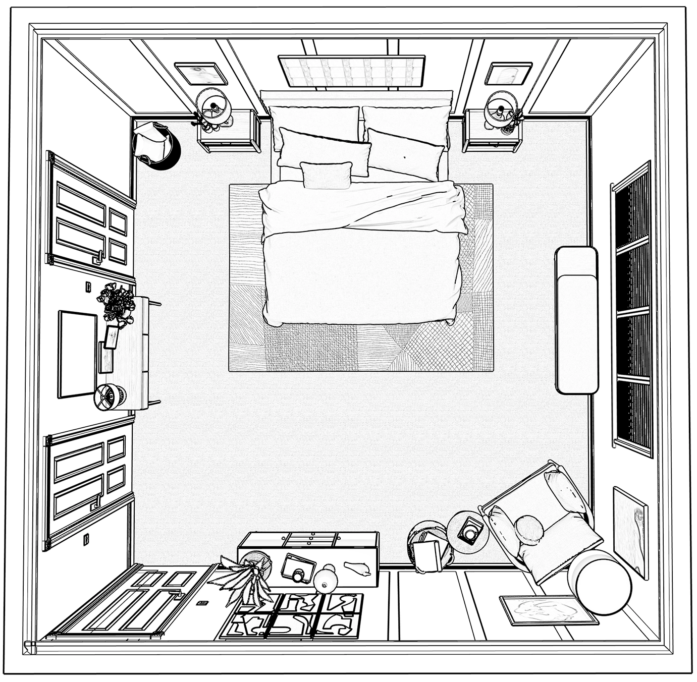A black-and-white floor plan illustration of a bedroom with a centrally placed double bed, side tables, and a large rug. A dresser with decorative objects sits along the bottom wall, and a cosy reading nook with an armchair, lamp, and side table occupies the lower-right corner. Large windows line the right wall, with a bench beneath them, creating a calm, balanced layout.