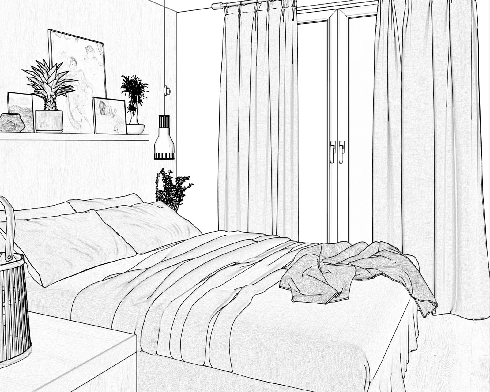 A sketch of a bedroom with a large bed with bedding and a textured throw. Curtains frame glass doors that open to an outside space.